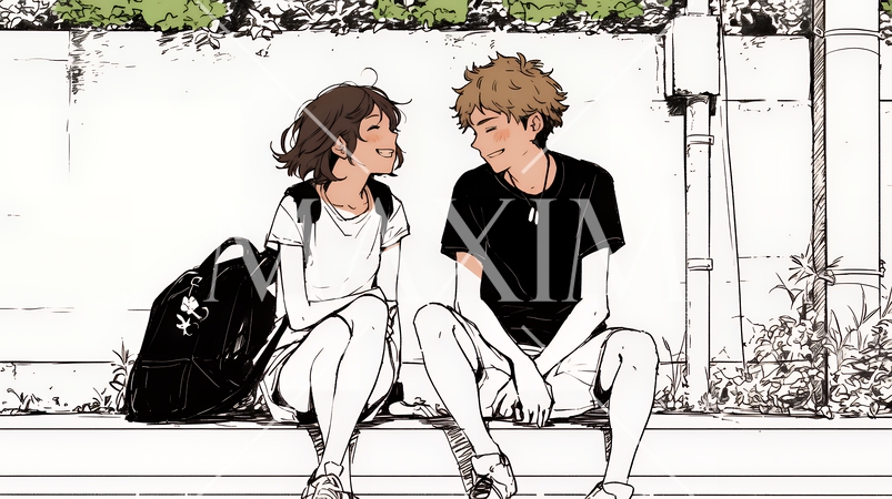 幸せそうなカップル：腰掛けて談笑（シンプルな色使い）