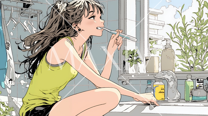 洗面所で朝の歯磨きをする若い女性