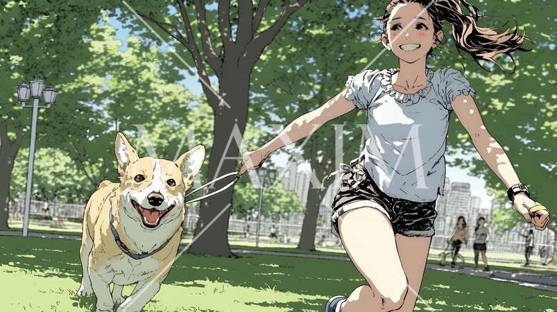 愛犬を調教している若い女性