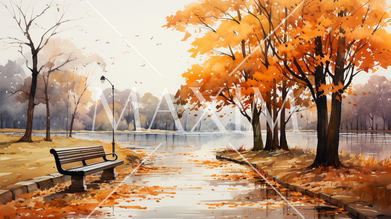 秋の公園：木々が色づいている水彩画