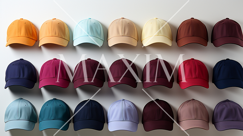 様々な色のキャップが壁に掛かっている背景画