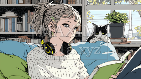 秋の読書を楽しむ若い女性｜静かで落ち着いた秋の日のイラストポートレート（イラストID:5856036-18116）