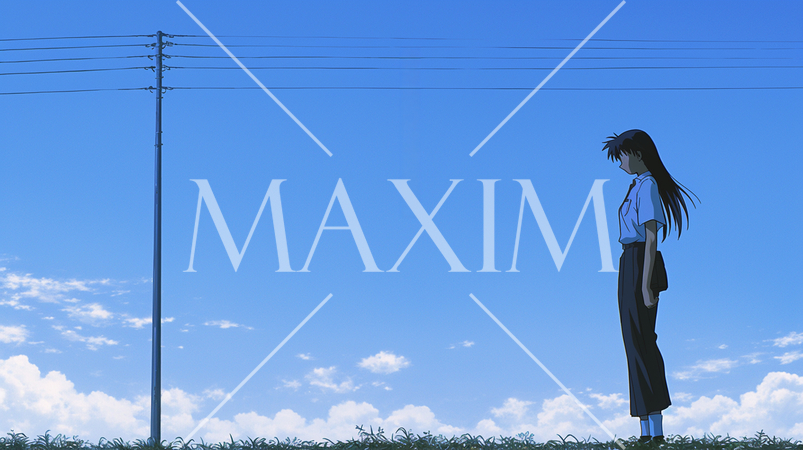 ひとりぼっち：青い空の下の土手の上で一人たたずみ若い女性