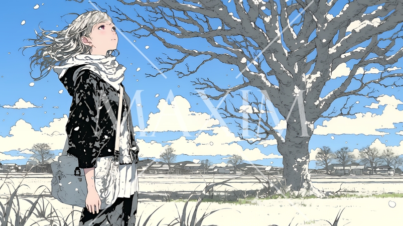 冬枯れの郊外の道を歩く若い女性