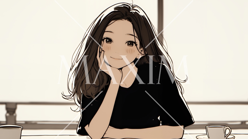 会議で発表している男性に魅了され、新しい恋の予感を抱いた若い女性（シンプルな色使い）