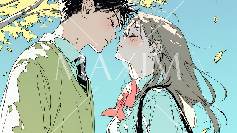 秋の紅葉の下でキスをしている若い恋人たち