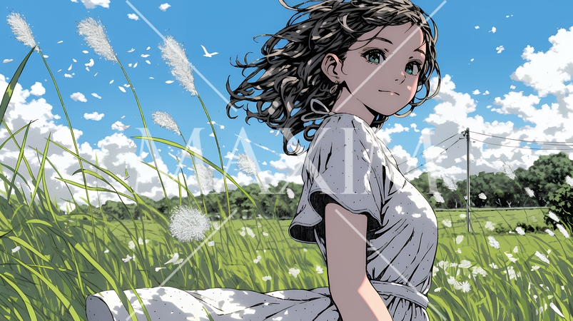 スカートを揺らしながら春風と戯れている若い女性