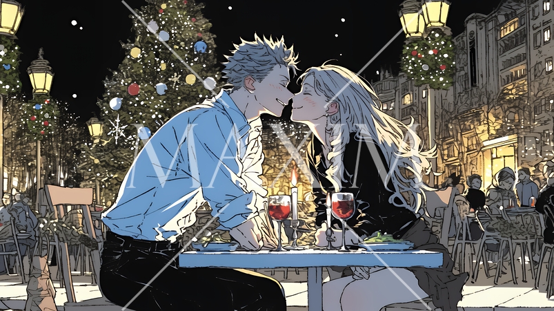 クリスマスディナーを楽しんでいる若いカップル