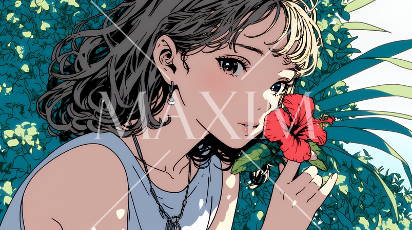 ハイビスカスと若い女性