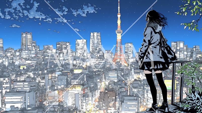 都市の夜景を眺めている女性