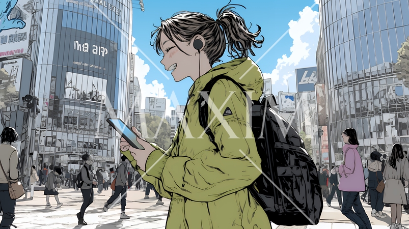 スマホの地図アプルを頼りに目的地に向かって歩いている女性：歩きスマホ