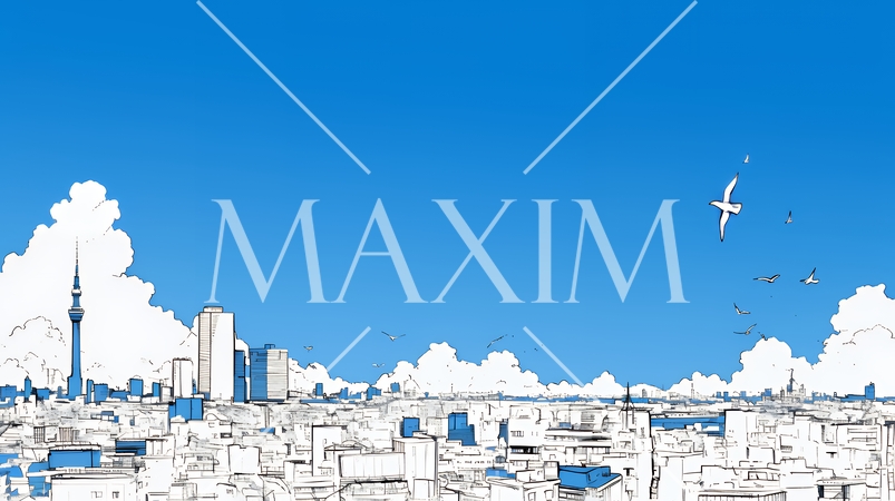 都市の町並みと青空（シンプルな色使い）