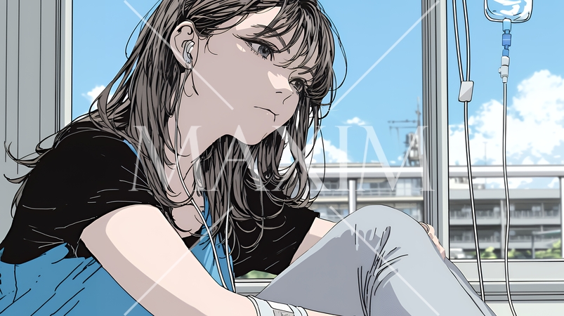 病院のベッドに腰掛けて気落ちしている女性