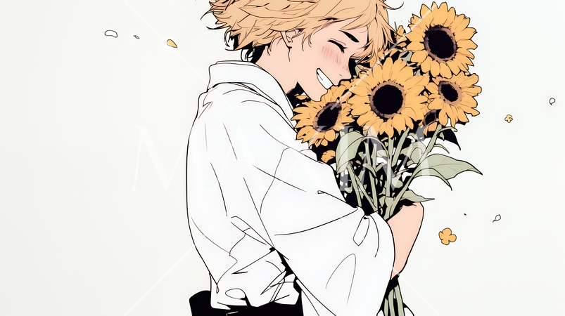 ひまわりと女性（シンプルな色使い）