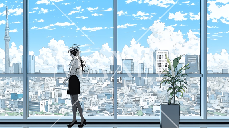 高層ビル群を見下ろすキャリア女性