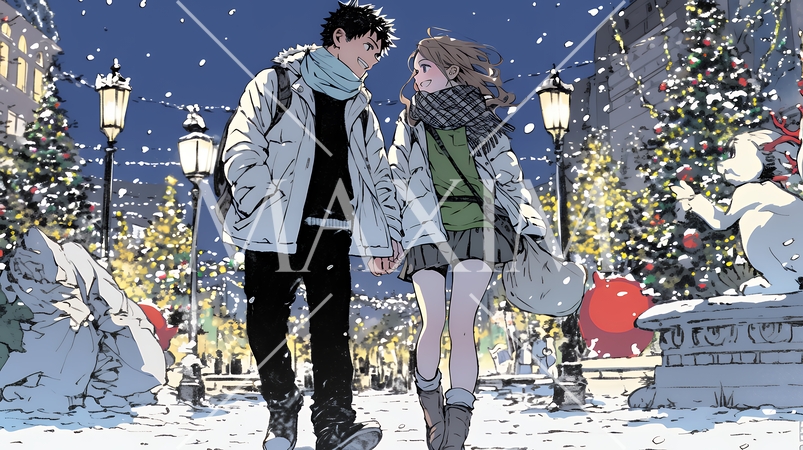 クリスマスのデートを楽しんでいる若いカップル