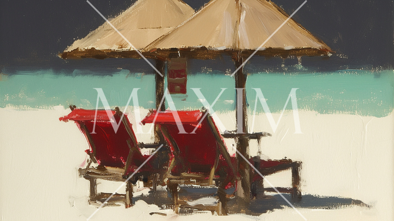 夏の海辺の日よけ付きのビーチチェア