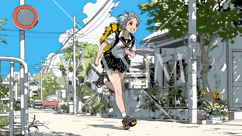 学校に遅れそうで道を急いでいる女子高生