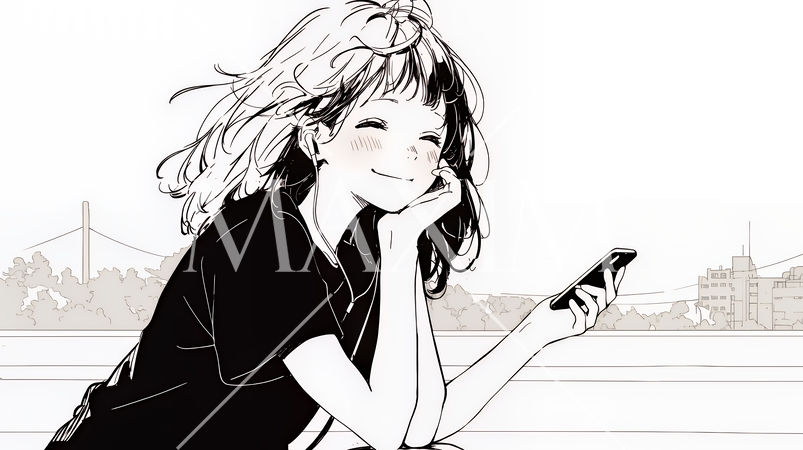 嬉しそうな表情でスマホを使っている女性（シンプルな色使い）