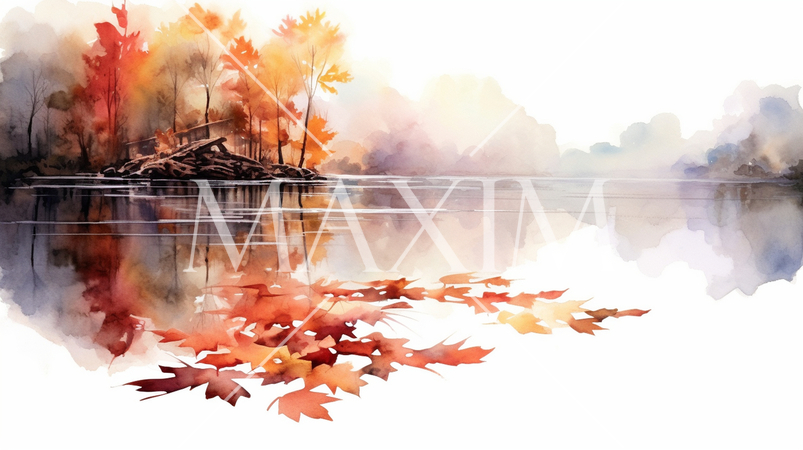 水面から見た紅葉：水彩画