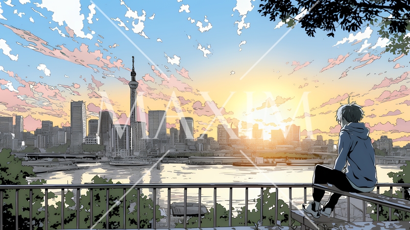 大都会の日没（日の出）とランドスケープを眺めている若い男性