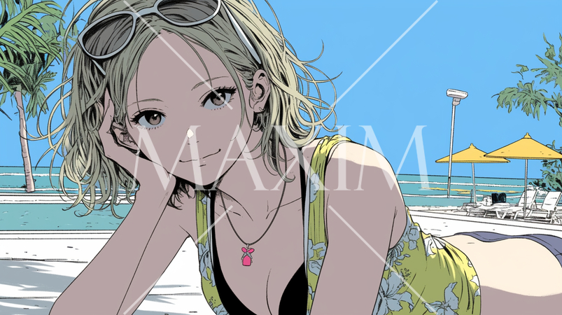 南国の海岸にビキニ姿でいる若い女性