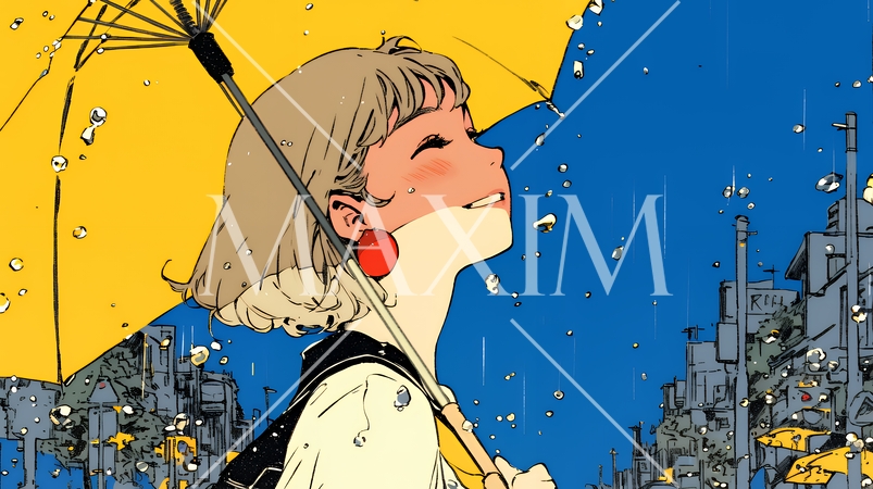 雨の日に傘をさして歩く若い女性