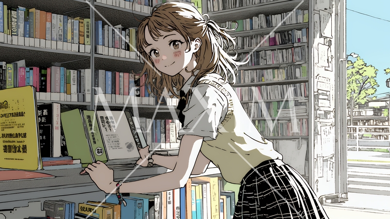 書店で本を選ぶ女子高生