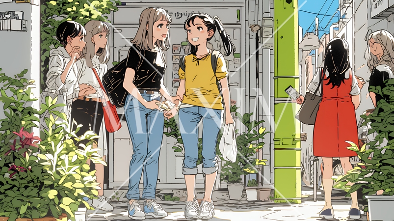 道端で会話を楽しむ若い主婦たち（ママ友たち）