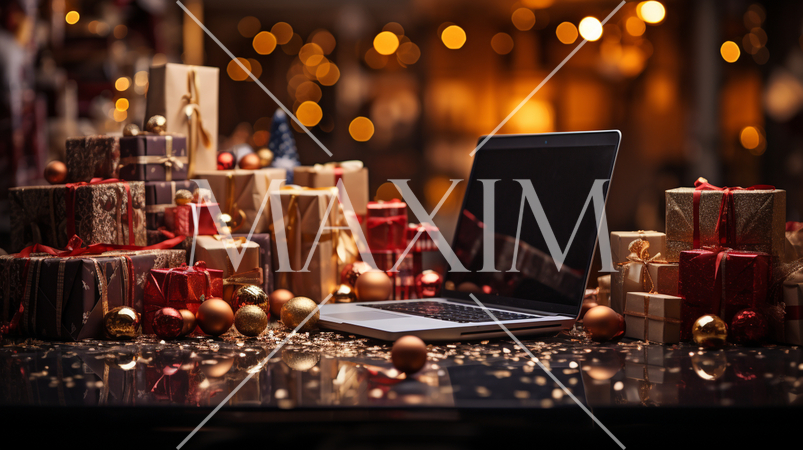 多くのクリスマスプレゼントとPCがある風景