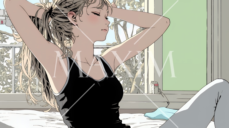 朝の目覚ましを止めて伸びをしている若い女性