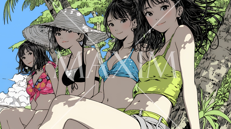 ビーチリゾートを満喫する若い女友達たち