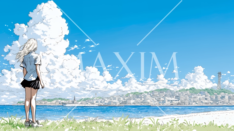 夏の海と入道雲と若い女性