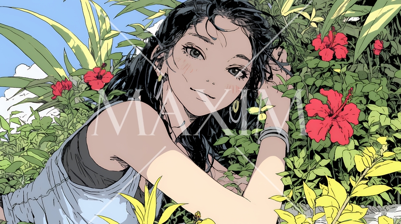 ハイビスカスと若い女性