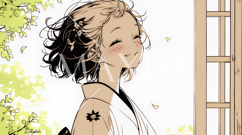 浴衣姿で夕涼みをしている若い女性（シンプルな色使い）