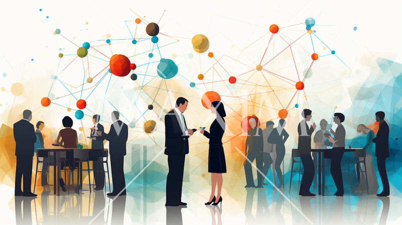 ネットワークビジネスパーソンがオフ会（リアル会合）で交流する場面。