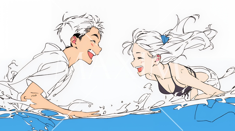 南国の海辺ではしゃいでいるカップル（シンプルな色使い）