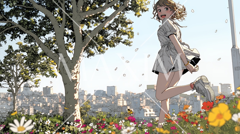 喜びにあふれ、軽やかにスキップする若い女性