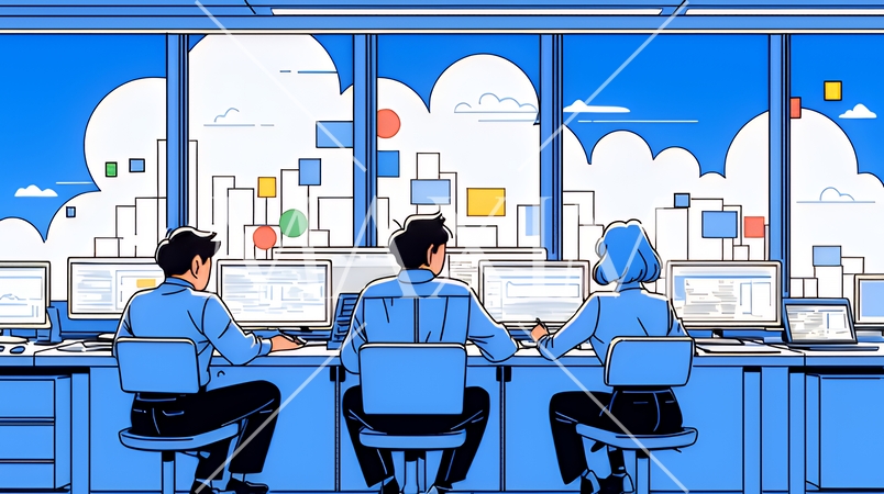 ITビジネスとクラウド技術のコンセプト｜ノートPCで働くチームとデータネットワークのイメージ