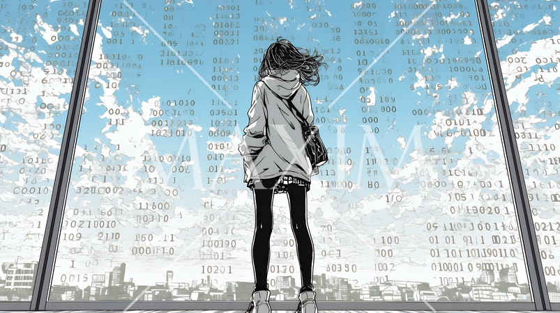 デジタルデータと日本人ビジネスウーマン｜AI・IT時代のテクノロジーイメージ（バイナリーコード）