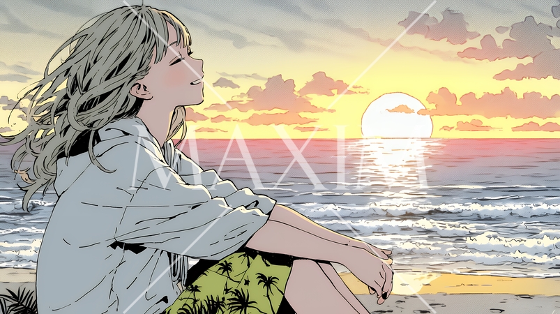 のんびり・ゆったり：夏のビーチで夕日を眺める若い女性