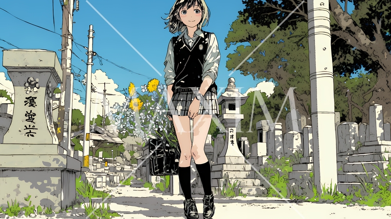 墓参りをしている若い女性