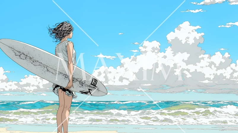 サーフボードを持ち海を見つめる若い女性｜ビーチ・リゾート・ライフスタイル・アウトドア