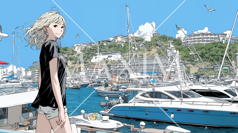 沖縄のヨットハーバーに立つ若い女性