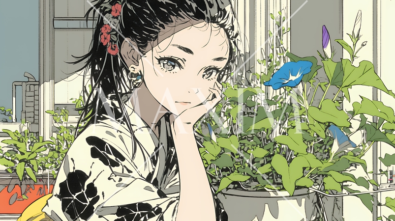 アサガオと浴衣姿の若い女性