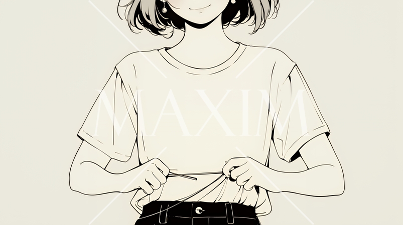 ウェストライン（腰回り）をチェックしている女性（シンプルな色使い）