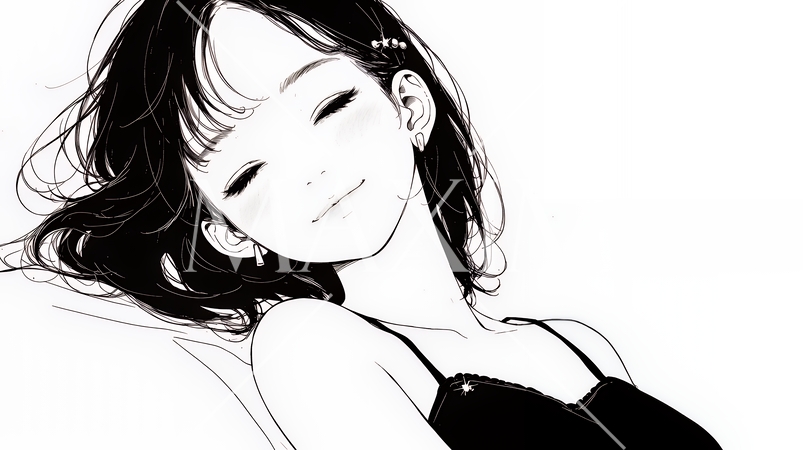 幸せそうな寝顔で眠っている若い女性（シンプルな色使い）