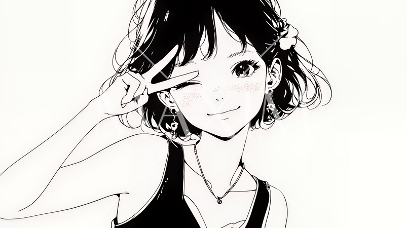 アイドルのように顔の横でピース＋ウィンクしている若い女性（シンプルな色使い）