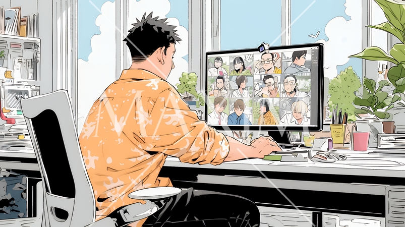 自宅からオンライン会議・授業に参加している男性