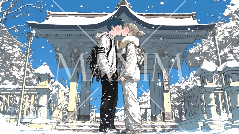 初詣をしている若い恋人カップル